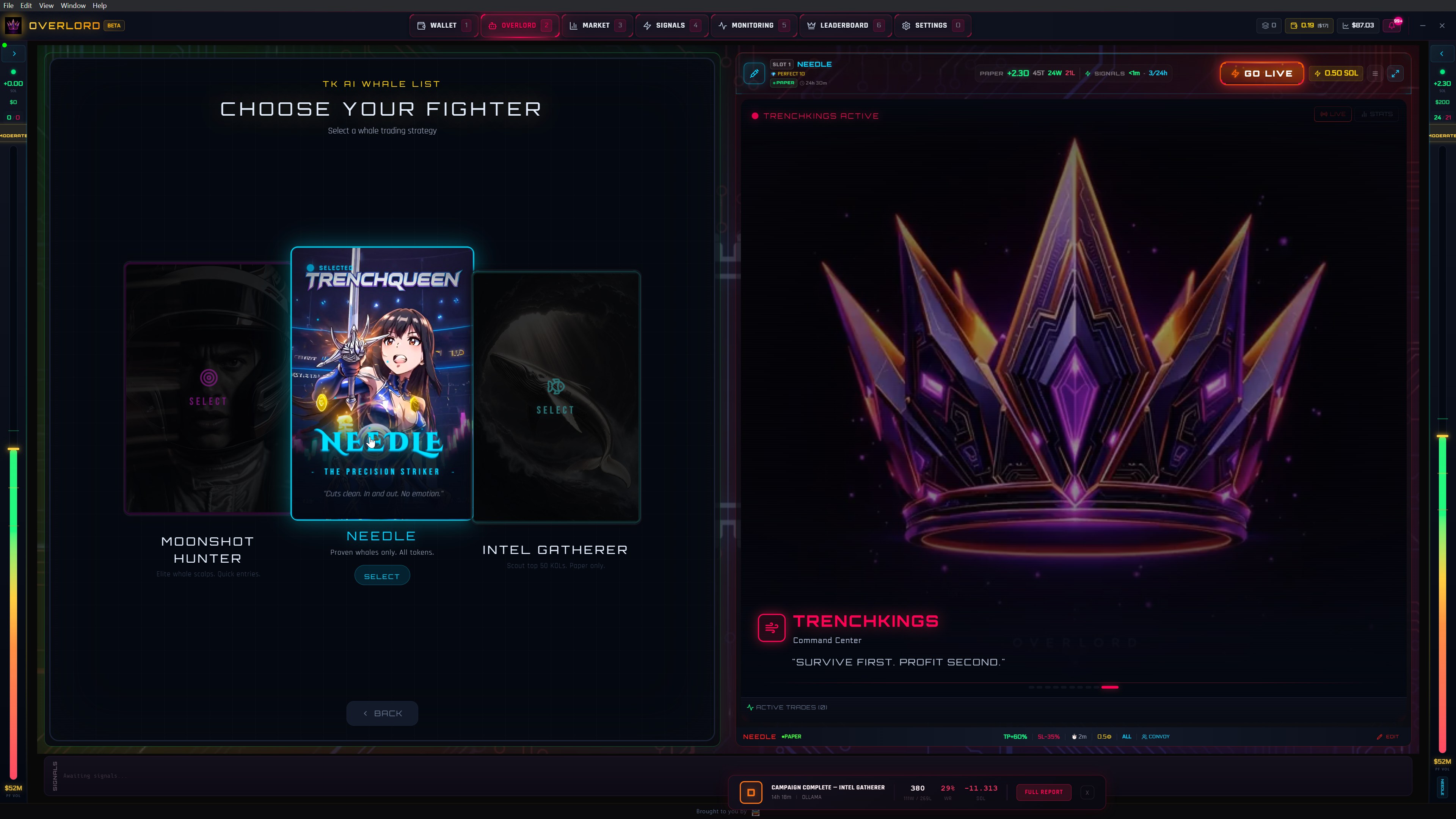 Choose Your Fighter - archetype selection with TRENCHQUEEN, MOONSHOT HUNTER, NEEDLE, and INTEL GATHERER