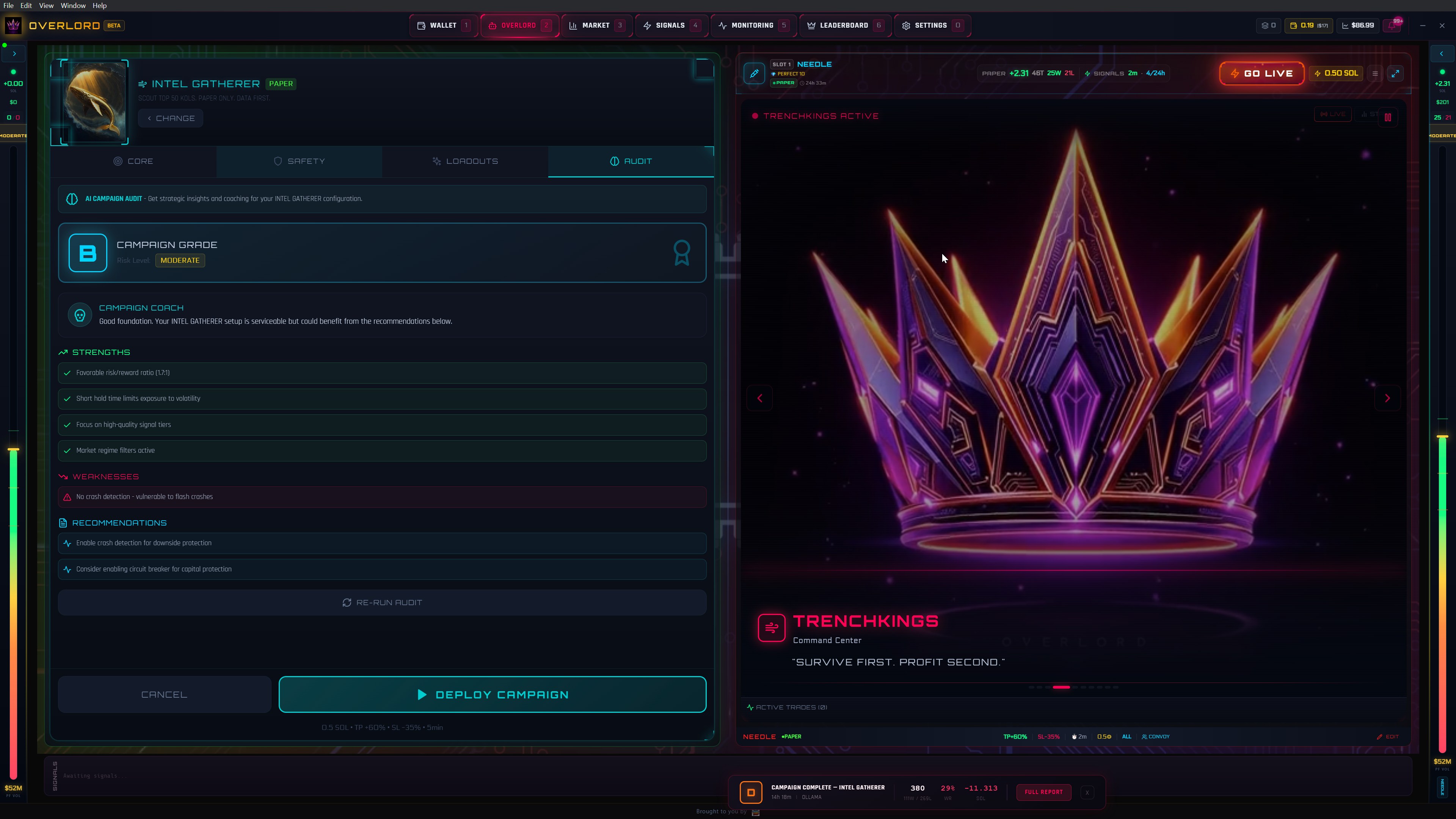 Campaign Audit tab with grade B MODERATE, strengths, weaknesses, and recommendations