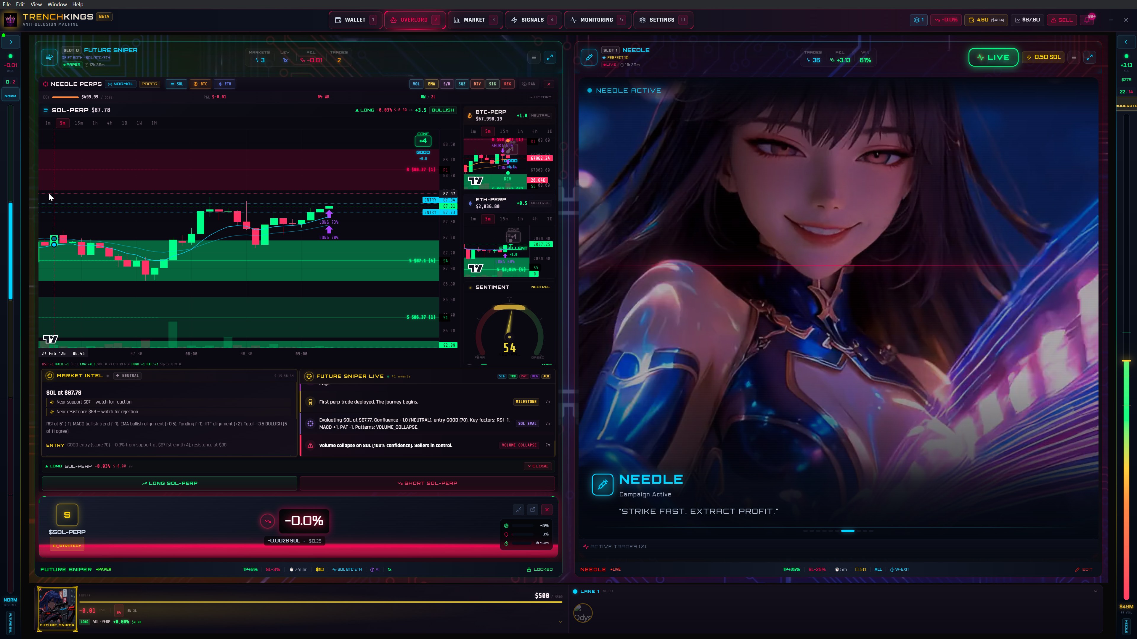 Dual-lane view with SOL-PERP chart and first perp trade deployed