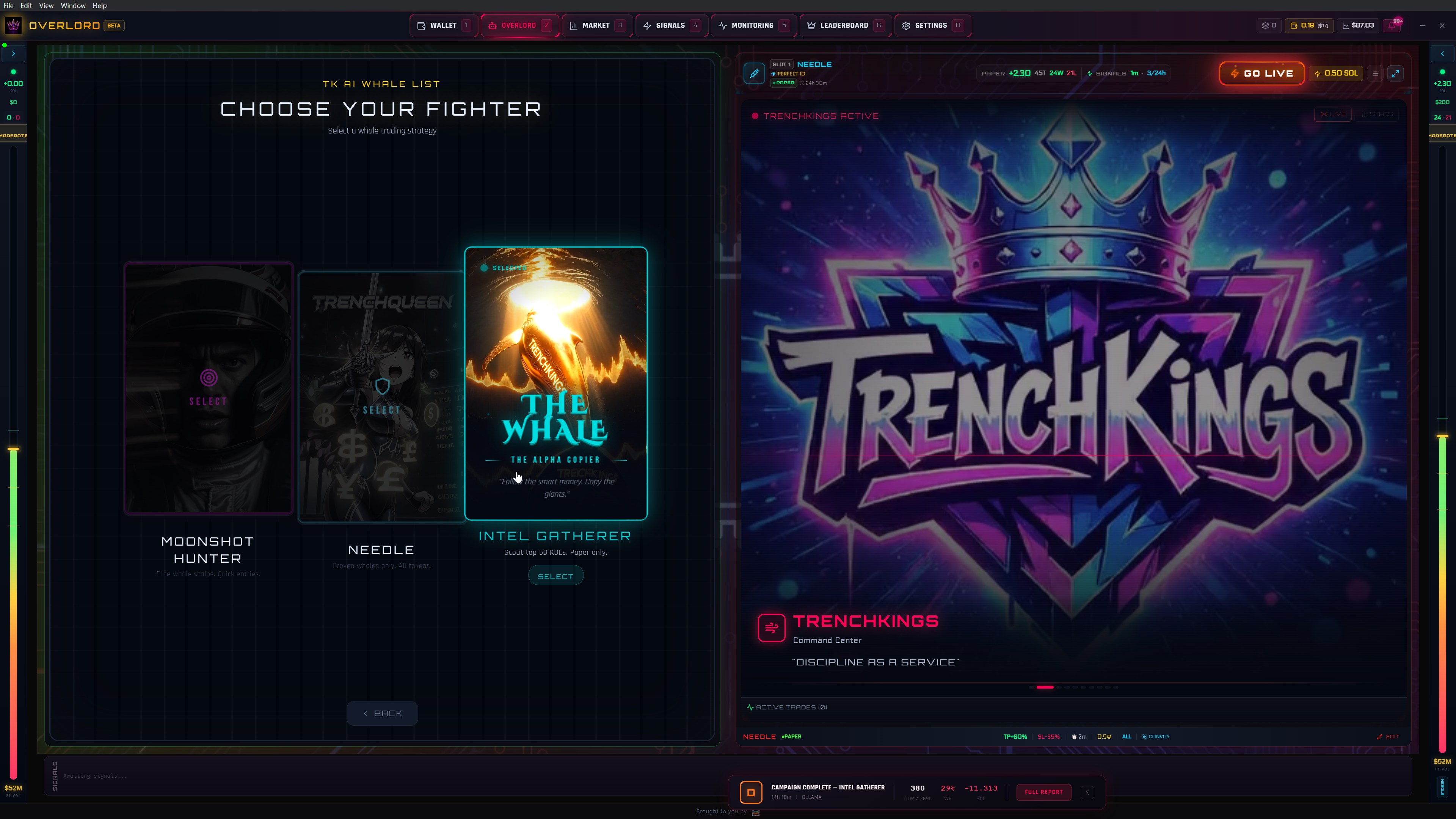 Intelligence Report with exit analysis, hourly P&L, token analysis, hold time distribution, and AI coach