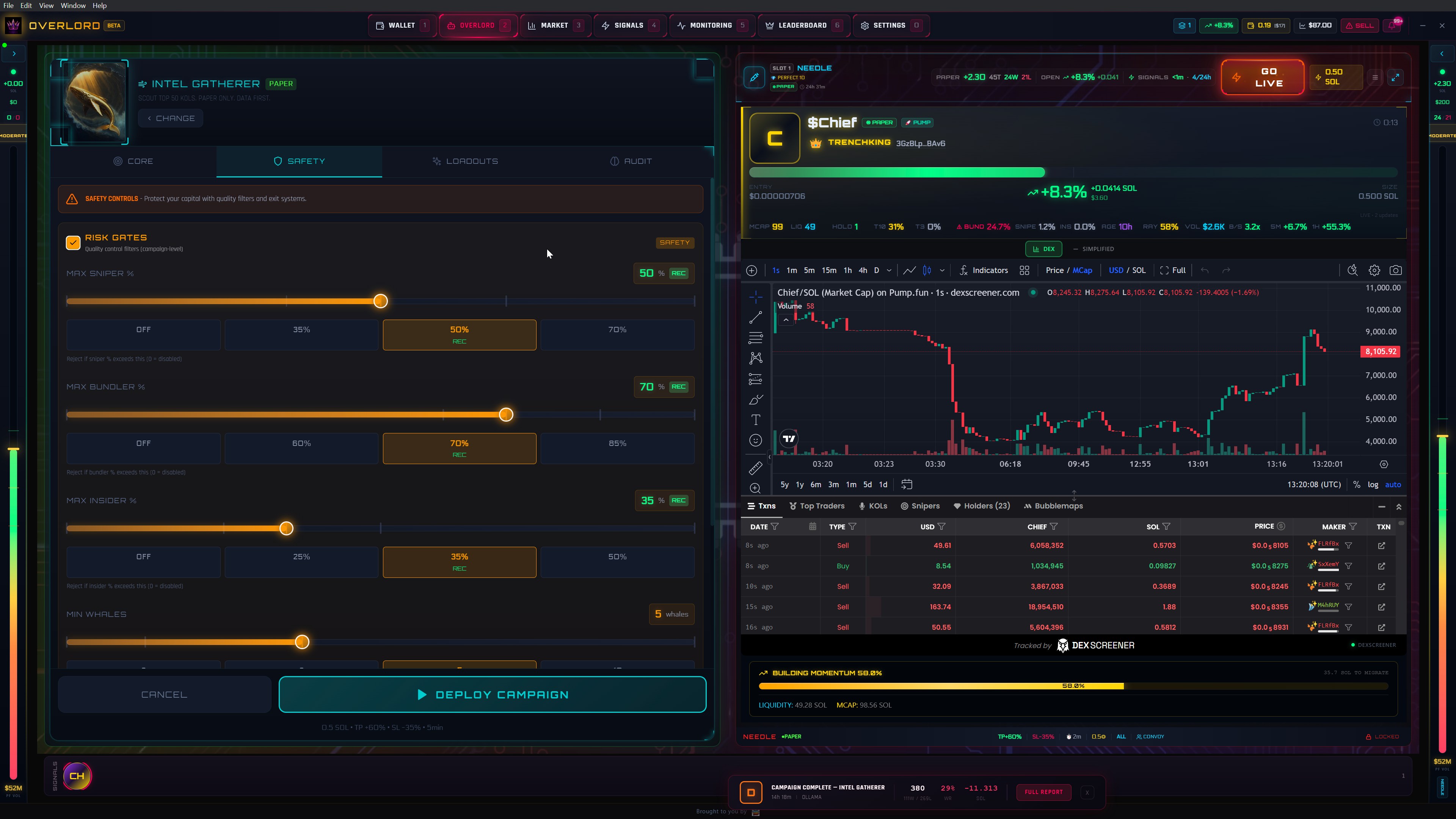 Safety settings with risk gates alongside live TRENCHKING copy-trade on DexScreener