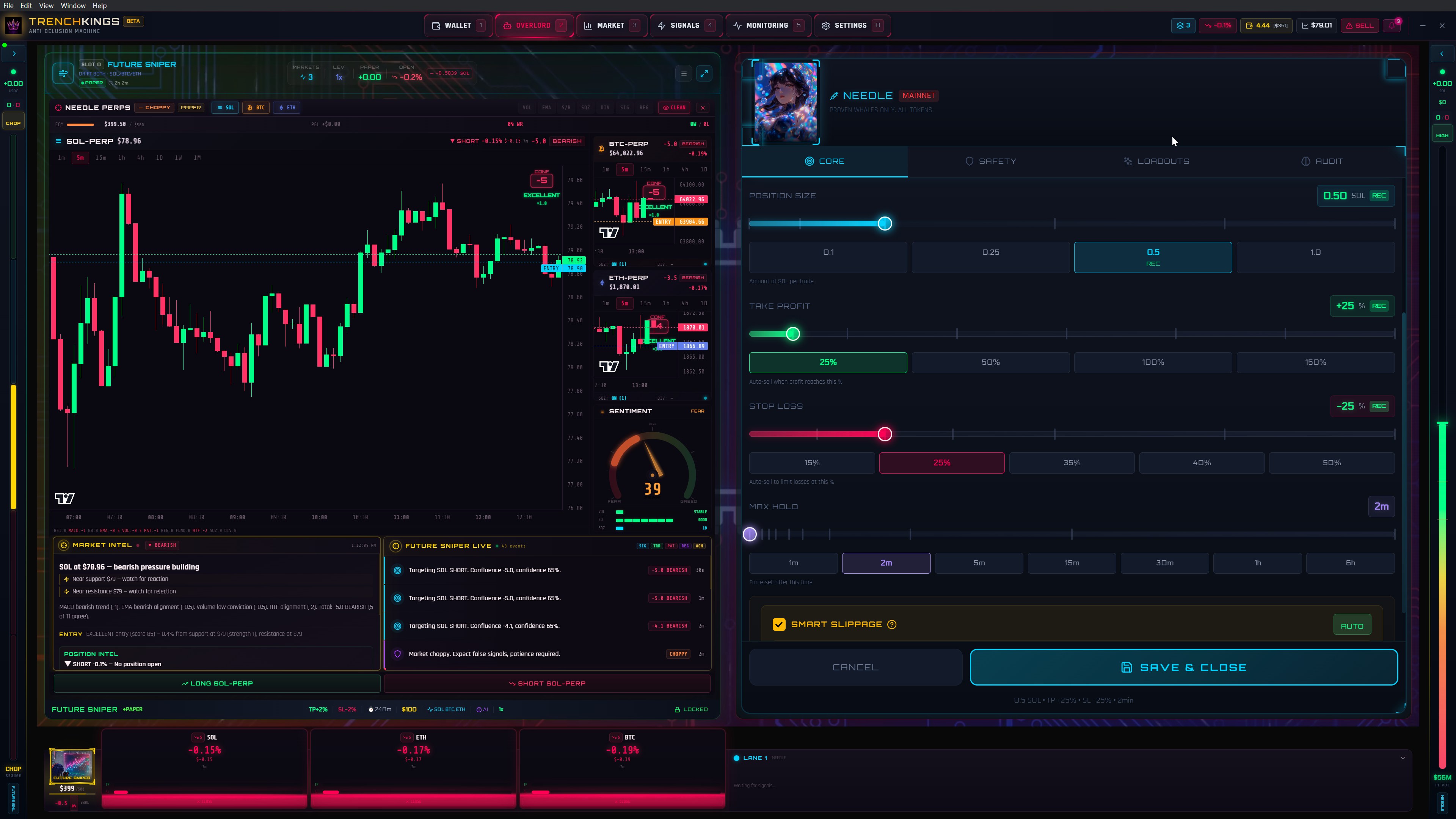 NEEDLE archetype settings - CORE tab with position size, take profit, stop loss, and max hold time controls