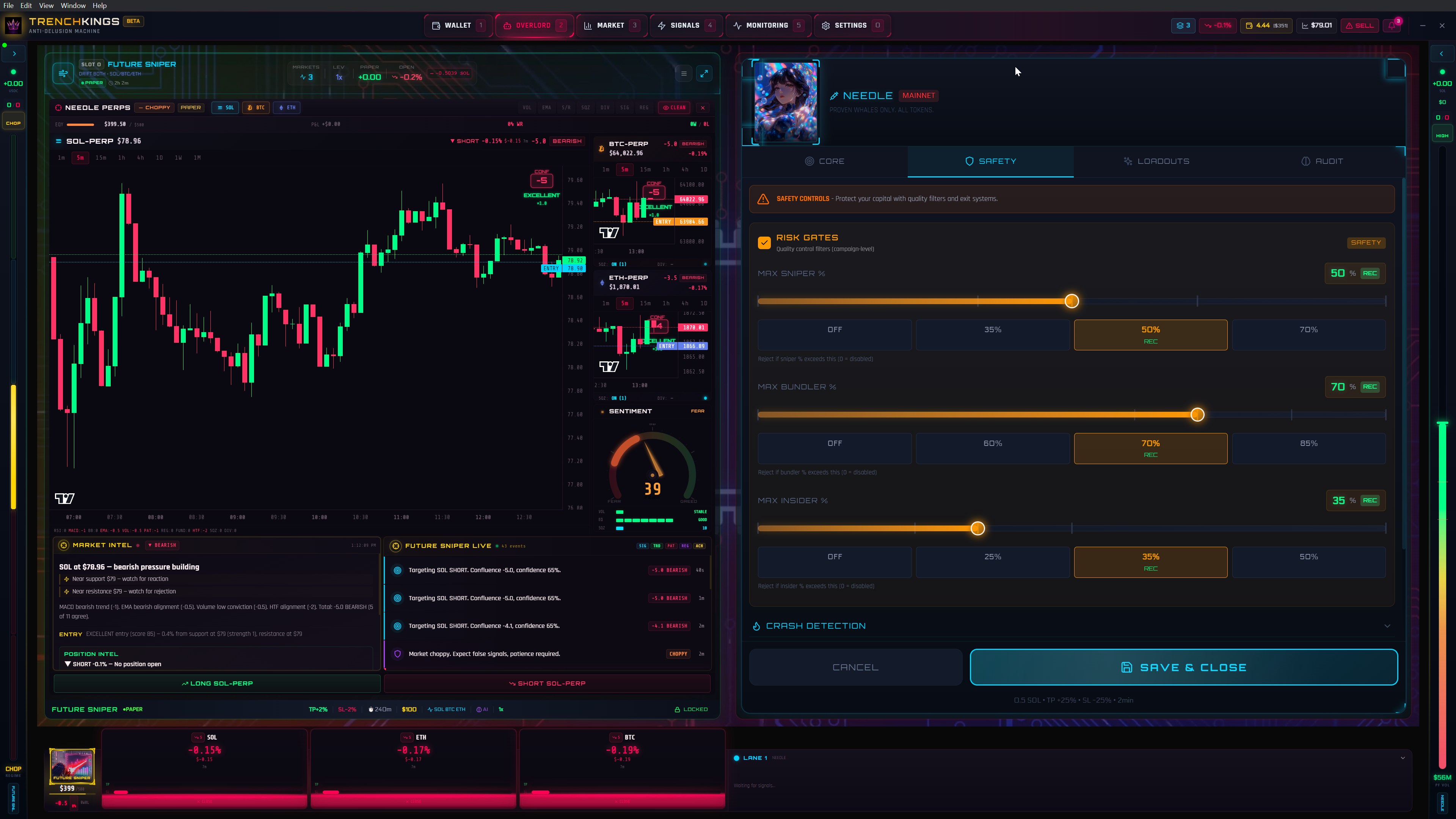 NEEDLE archetype settings - SAFETY tab with Risk Gates for sniper, bundler, insider detection and crash protection