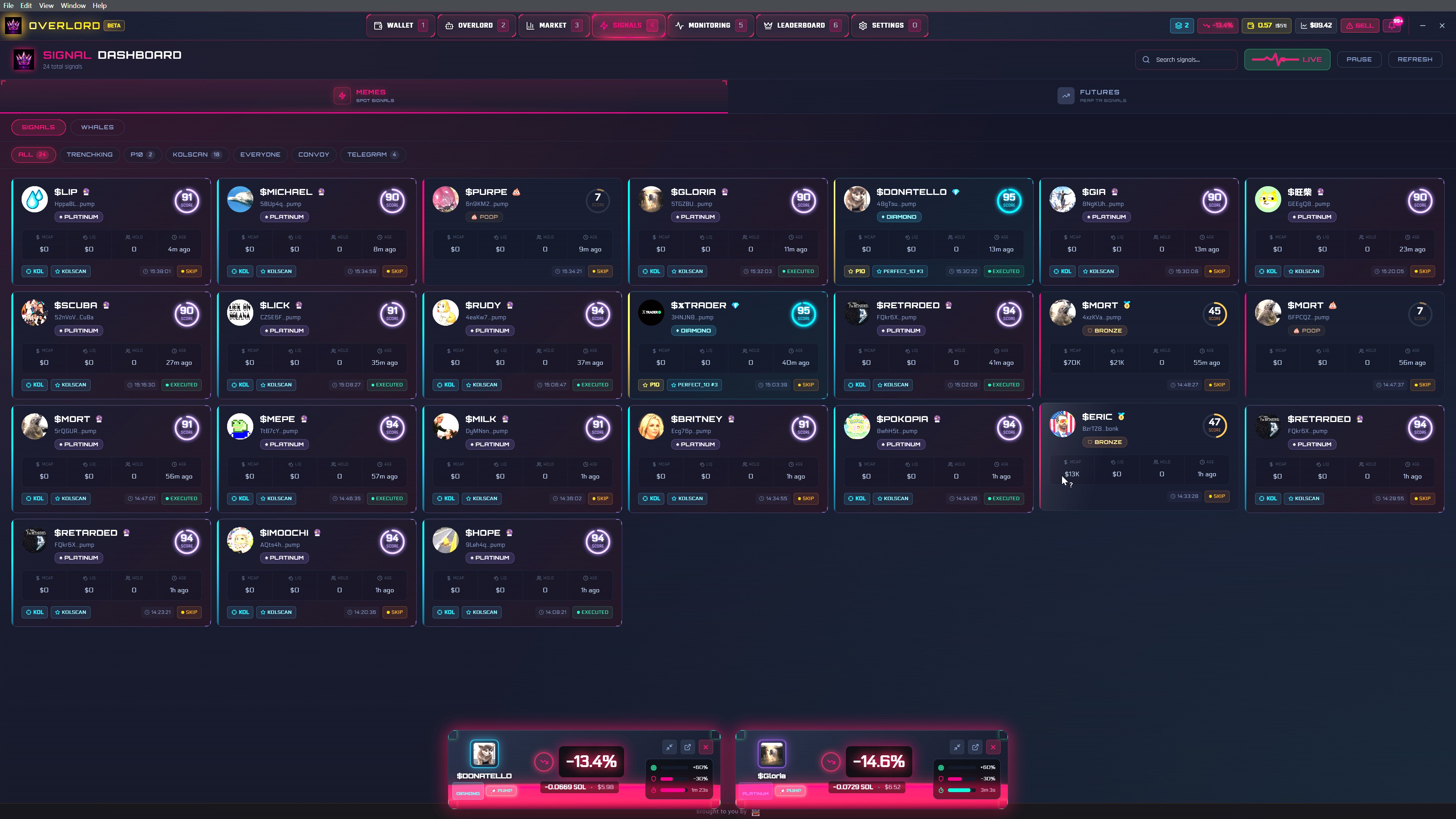 Signal Dashboard with 24 live signals across KOLSCAN, P10, and TRENCHKING whale buckets