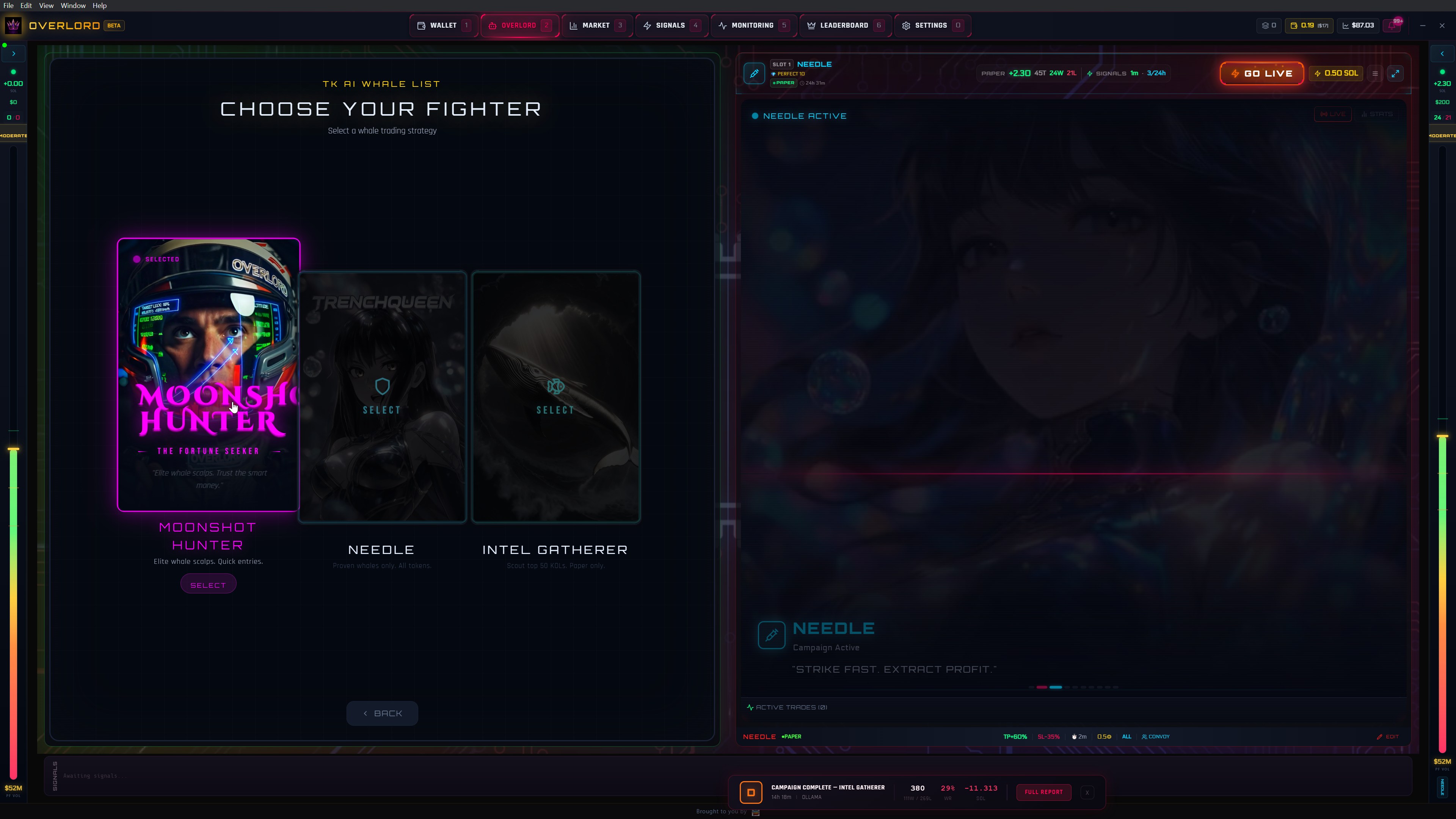 Dual-lane with Whale Hunter campaign and TrenchKings command center with Overlord logo